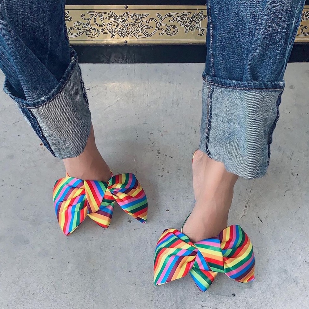PNK Elephant rainbow stripe mules, 4-inch heel height, size 9